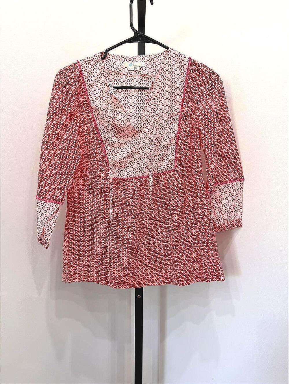 Boden US 2 Red and White Patterned Long Sleeve Blouse Boho